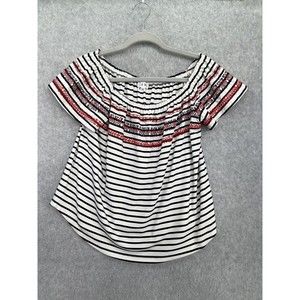 HML Women's Off Shoulder Blouse Striped Short Sleeve Size Medium Embroidered